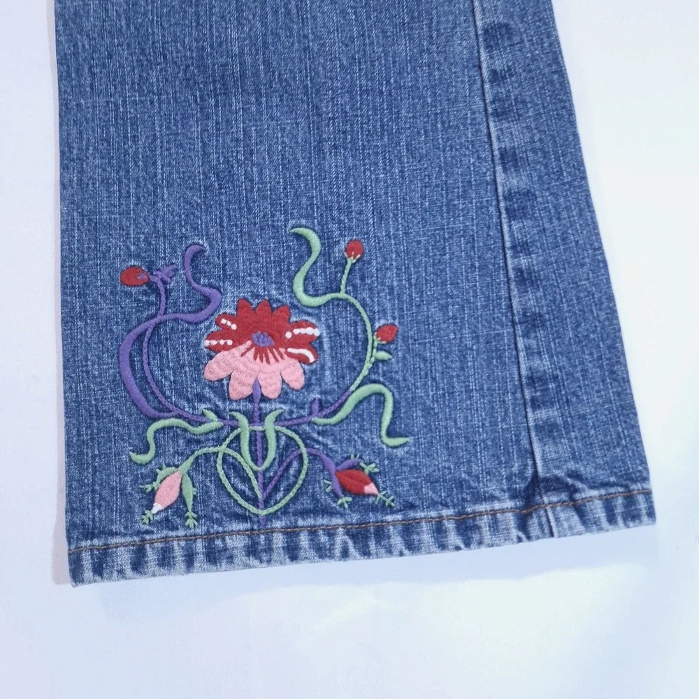 Vtg Gap Kids Floral Embroidered Flare Stretch Jeans Girls 14 Adjustable Blue Y2K